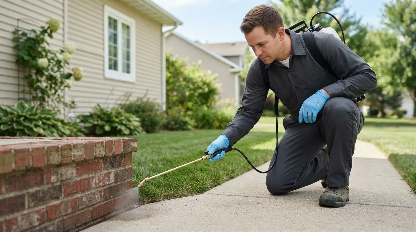 Pest control technician treating a home near Yantic, CT